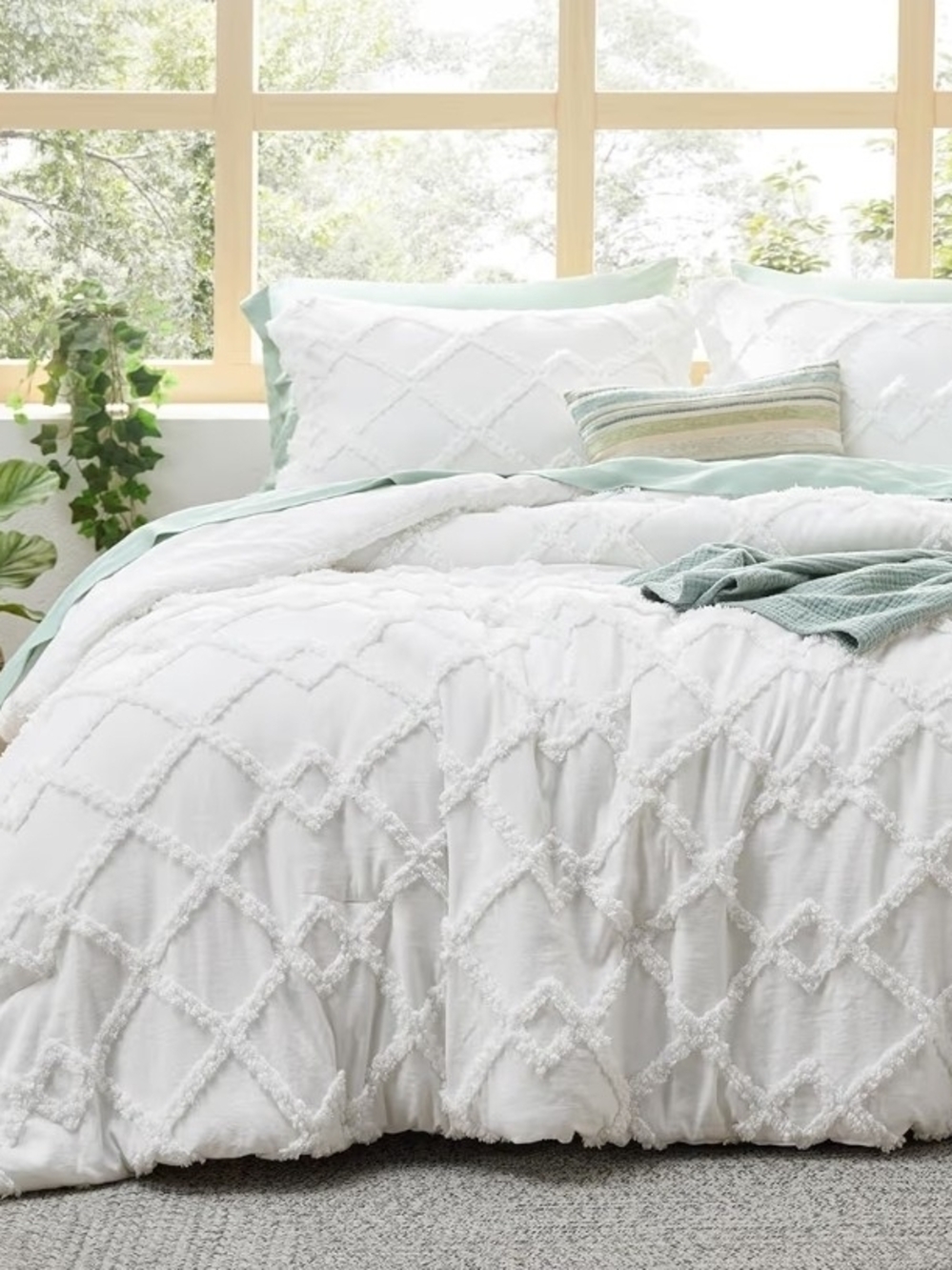 Bedsure Boho Comforter Set Queen - White Tufted Queen Size Comforter, 3 Pieces F